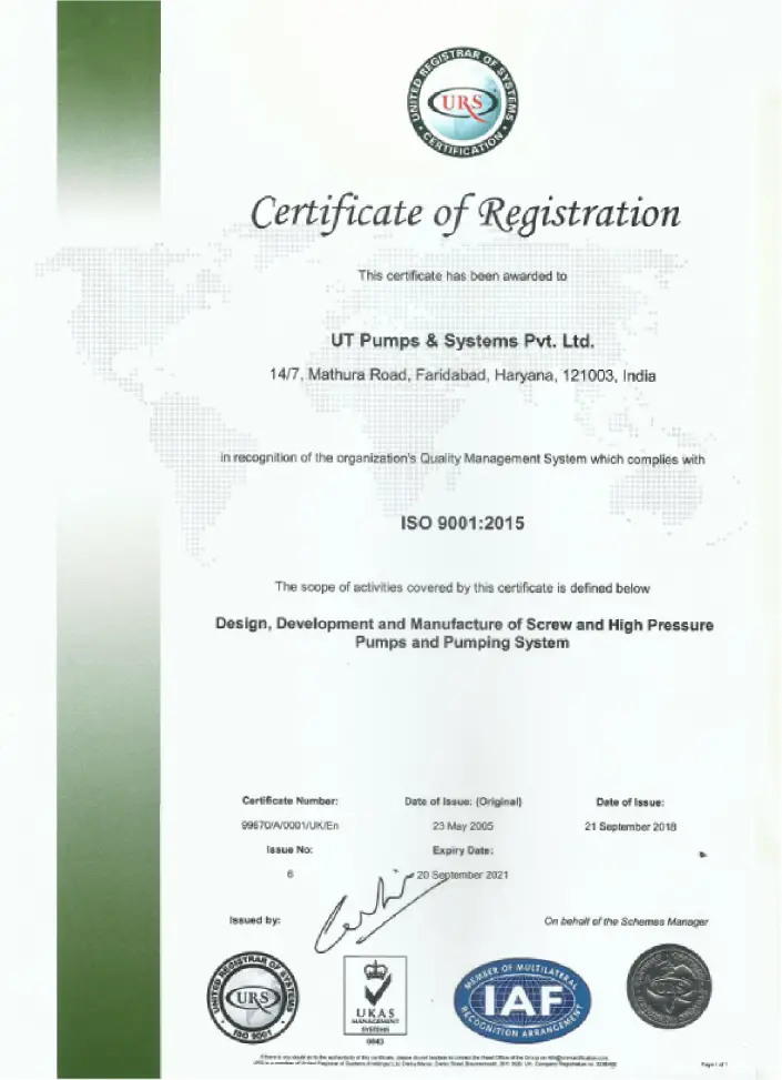 UT Pumps & Systems Pvt Ltd ISO Certificate